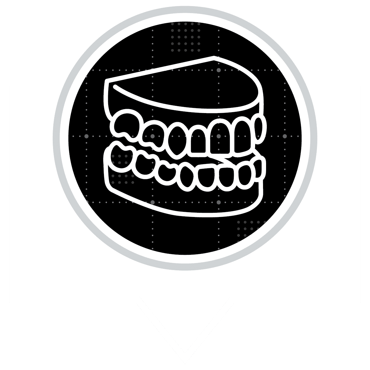 Black and white dentures in speech bubble